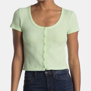 ELODIE NWT Waffle Knit Short Sleeve‎ Button-Up Crop Top, Mint Green Size Large